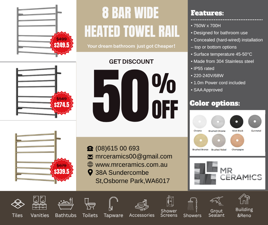 8 Bar Wide  Heated Towel Rail